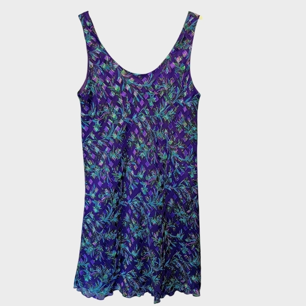 Vintage Patra Purple Green Peacock Print Womens Dress Size 8 Fairy Boho Slarkle